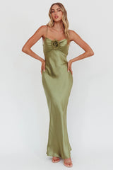 High Roller Cowl Back Rosette Maxi Dress Olive