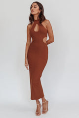 Estella Keyhole Ribbed Midi Dress Brown