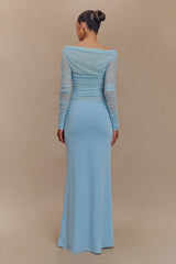 Darla Mesh And Slinky Off Shoulder Maxi Dress - Sky Blue